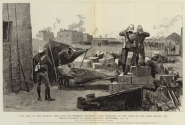 La guerra nel Sudan, il defunto Sir Herbert Stewart ferito nel campo sul Nilo durante la ricognizione in forza verso Metemmeh, 21 gennaio