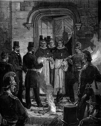 Espulsione dei Domenicani da Rue de Jean de Beauvais a Parigi a seguito dei decreti del marzo 1880 presi da Jules Ferry e che rimuovono il diritto di insegnare ai membri delle congregazioni religiose non autorizzate: lettura dell