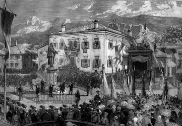 Inaugurazione della statua di Tiziano (Tiziano Vecellio) (1485-1576) a Pieve di Cadore, Italia, 5 settembre