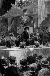 Conferenza di Louise Michel (1830-1905), sala Graffard a Parigi, 30 novembre 1880. Incisione di de Haenen in "L