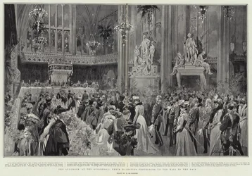 Il pranzo alla Guildhall, le loro Maestà procedono lungo la sala verso il Dais