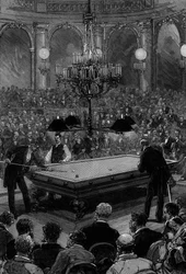 La grande partita internazionale di biliardo tra il signor Slosson, campione americano, e il signor Vignaux, campione francese, nella sala Zodiaque del Grand Hôtel de Paris