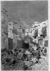 Tunisia, luglio 1881: le truppe francesi prendono la città di Stax dopo la rivolta degli abitanti contro il protettorato francese della Tunisia. Fucilieri marini incendiano case arabe ai piedi della casbah - Incisione di De Haenen in 