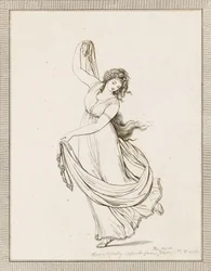Emma, Lady Hamilton, in una posa classica, danzando e in equilibrio sul piede destro