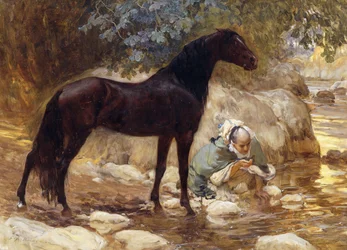 Un arabo che abbevera il suo cavallo presso un fiume, c.1890-1900