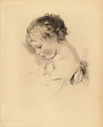 Ritratto di Henry Bloxam, nipote di Sir Thomas Lawrence. Ragazzo in abito con nastro blu. Incisione colorata a mano di Frederick Christian Lewis dopo un