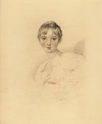 Ritratto di Lucy Meredith, nipote di Sir Thomas Lawrence. Giovane ragazza pre-adolescente in abito bianco con cintura a nastro rosa. Incisione colorata a mano di Frederick Christian Lewis dopo un