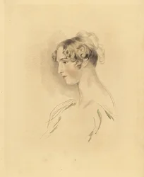 Ritratto di Mary Isabella Bloxam da giovane, nipote di Sir Thomas Lawrence. Con i capelli raccolti e ricci, in un vestito scollato. Incisione di Frederick Christian Lewis dopo un