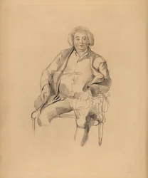 Ritratto del padre di Sir Thomas Lawrence, locandiere Thomas Lawrence. Uomo corpulento con parrucca seduto su una sedia. Incisione colorata a mano di Frederick Christian Lewis dopo un