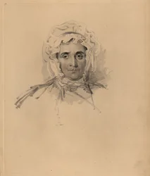 Ritratto della madre di Sir Thomas Lawrence, Lucy Read, vicina alla morte. Con cuffia e vestito a collo alto. Incisione colorata a mano di Frederick Christian Lewis dopo un