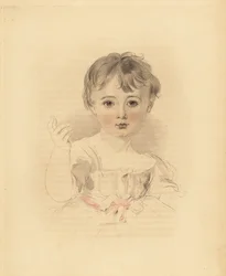 Ritratto di Thomas Lawrence Bloxam, nipote di Sir Thomas Lawrence. In abito legato con un nastro rosa. Incisione colorata a mano di Frederick Christian Lewis dopo un