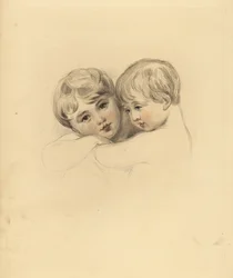 Ritratto dei bambini Calmeady in un abbraccio. Incisione colorata a mano di Frederick Christian Lewis dopo un