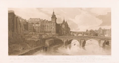 Veduta di Pont au Change, Theatre de la Cite, Pont Neuf e la prigione della Conciergerie
