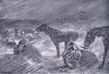 Una tempesta di grandine sudafricana, da Dopo Pretoria: La guerra di guerriglia pubblicata da Harmsworth Bros Limited, 1901