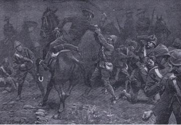Il maggiore Boole-Smith affronta De Wet, da Dopo Pretoria: La guerra di guerriglia pubblicata da Harmsworth Bros Limited, 1901