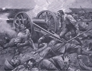 La difesa di Dewetsdorp: lavorare un cannone da 15 libbre da solo, illustrazione da After Pretoria: The Guerilla War, 1902