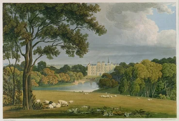 Veduta di Burghley House, sede del Marchese di Exeter, inciso e pubblicato da Robert Havell (1769-1832), 1819 (incisione a colori)