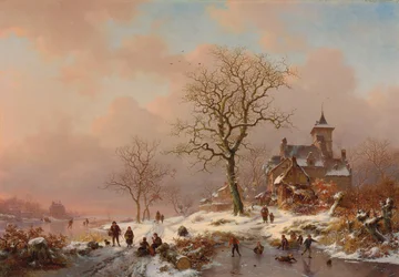 Paesaggio invernale con figure che giocano sul ghiaccio, 1868