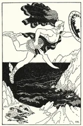 Perseo volava cautamente verso il basso, tenendo sempre gli occhi sul volto di Medusa, riflesso nel suo scudo (litografia)