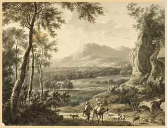 Paesaggio italianizzato con contadini in viaggio in primo piano