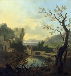 Paesaggio italianizzante con un ponte fortificato in rovina
