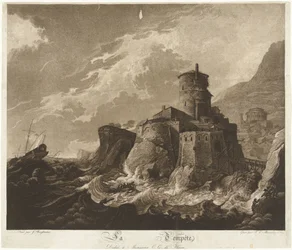 Castello su costa rocciosa e navi in tempesta sul mare