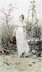 Donna che torna da un pozzo - allegoria della primavera, calendario illustrato da Hubert Dys, dipinto da F.H. Kaemmerer