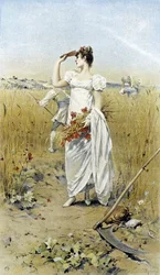 Donna con grano e papaveri - allegoria della tarda estate, calendario illustrato da Hubert Dys, dipinto da F.H. Kaemmerer