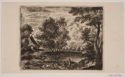 Paesaggio. In primo piano capre e pastori