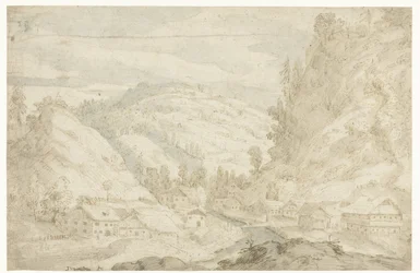 Veduta di una valle con un villaggio e un ruscello di montagna