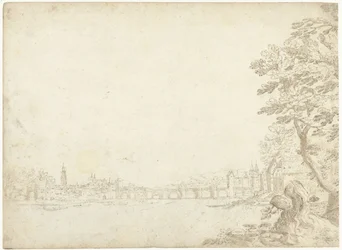 Veduta di una città su un fiume (il Danubio?)