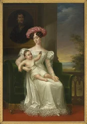 Giuseppina di Leuchtenberg, regina di Svezia e Norvegia, con il figlio Carlo XV in braccio, seduta davanti a un ritratto del re Oscar I, Ritratto di Giuseppina di Leuchtenberg (1807-1876), regina di Svezia e Norvegia, di Fredric Westin (1782-1862)