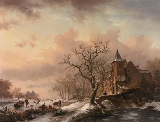 Castello in un paesaggio invernale e pattinatori su un fiume ghiacciato