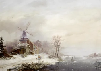 Olandese: Paesaggio invernale con borgo, mulino a vento e figure Paesaggio invernale con borgo, mulino a vento e figure