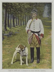Cane e cacciatore in livrea della caccia del Marchese de l