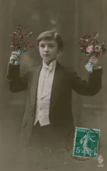 Cartolina di un ragazzo in frac bianco con fiori e bacche