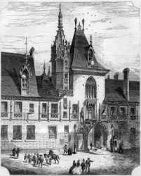 Architettura gotica del XV secolo: facciata del cortile interno della casa di Jacques Coeur (1395-1456), mercante francese. Bourges, Cher (18)