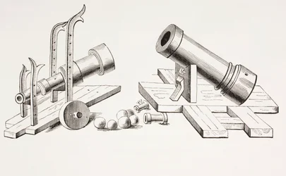 Cannoni del XV secolo, con affusto fisso (a destra) e affusto mobile (a sinistra) da Les Arts au Moyen Age, pubblicato nel 1873
