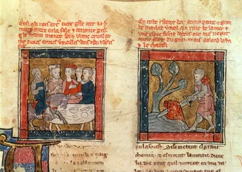 Galahad arriva da Artù e Galahad estrae la spada dalla pietra galleggiante nel fiume a Camelot, c.1250-80 (dettaglio)
