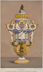 Fontana in maiolica del XVIII secolo con lo stemma di Montmorency Luxembourg, fabbricata a Rouen, illustrazione dal Dictionnaire de l