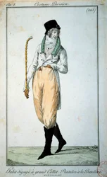 Moda del XVIII secolo: abito parigino con grande colletto, pantaloni con barche. Parigi, Museo del Costume