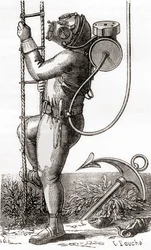Un subacqueo del XIX secolo che indossa una tuta da immersione rivestita di gomma con casco e regolatore di serbatoio, da 