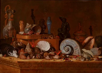 Un gabinetto di curiosità: Conchiglie con corallo e una scatola di legno e antichità tra cui un Ushabti egiziano su un basamento di pietra, 1730-70 circa (olio su tela)