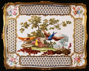 Un vassoio di Sevres Luigi XV decorato con tre uccelli esotici in un paesaggio, formando la parte superiore di un tavolo da caffè, 1761