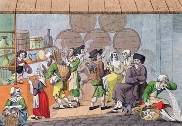 Un incontro di artisti, raccoglitori di fango e mercanti di stracci, caricatura di un caffè popolare al Palais Royal di Parigi, c.1800