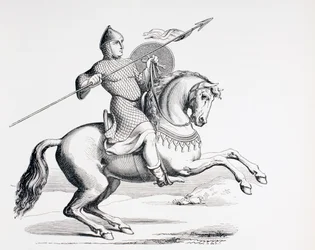 Un Cavaliere Normanno vestito con cotta di maglia e elmo che porta lancia e scudo, 1873