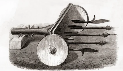 Un Ribauldequin, macchina infernale o organo di cannone, armato di piccoli cannoni e picche, da Les Merveilles de la Science, pubblicato c.1870 (incisione)
