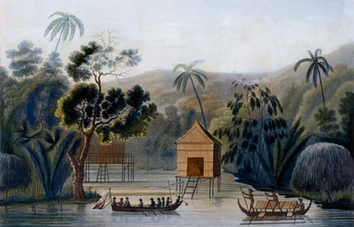 Una casa degli spiriti su palafitte nel porto di Offak, isola di Waigou, da Voyage autour du Monde sur la Corvette Coquille di Louis Isodore Duperrey, 1826