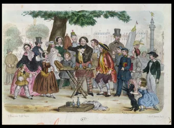 Un mago di strada vicino a Place de la Bastille, Parigi, inciso da H. Jannin, c.1840-50