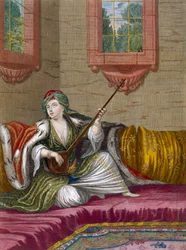 Una ragazza turca che suona il Tehegour, c.1708